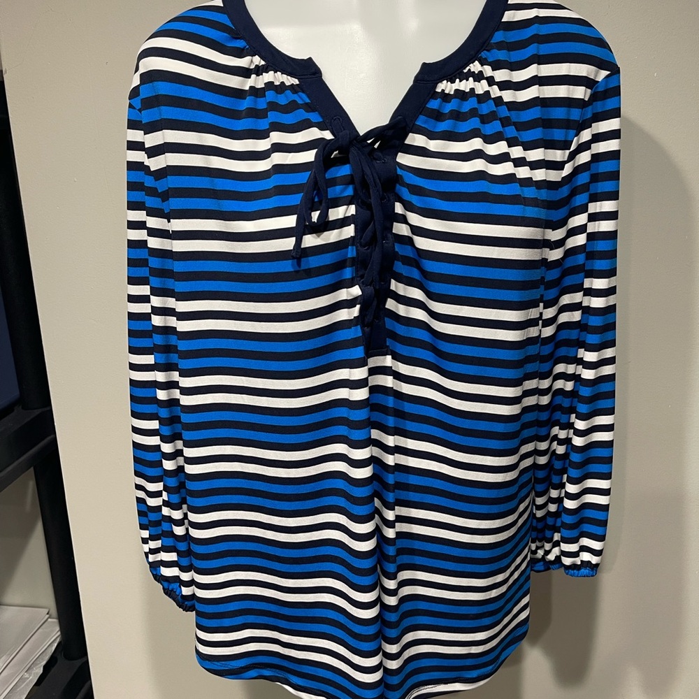 Striped Blue and Black Lace-Up Blouse